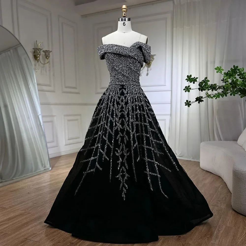 Serene Hill Elegant Black Beaded A-Line Evening Gown 2024 - Off-Shoulder Luxury Dress for Women - Long Party Dress LA72224