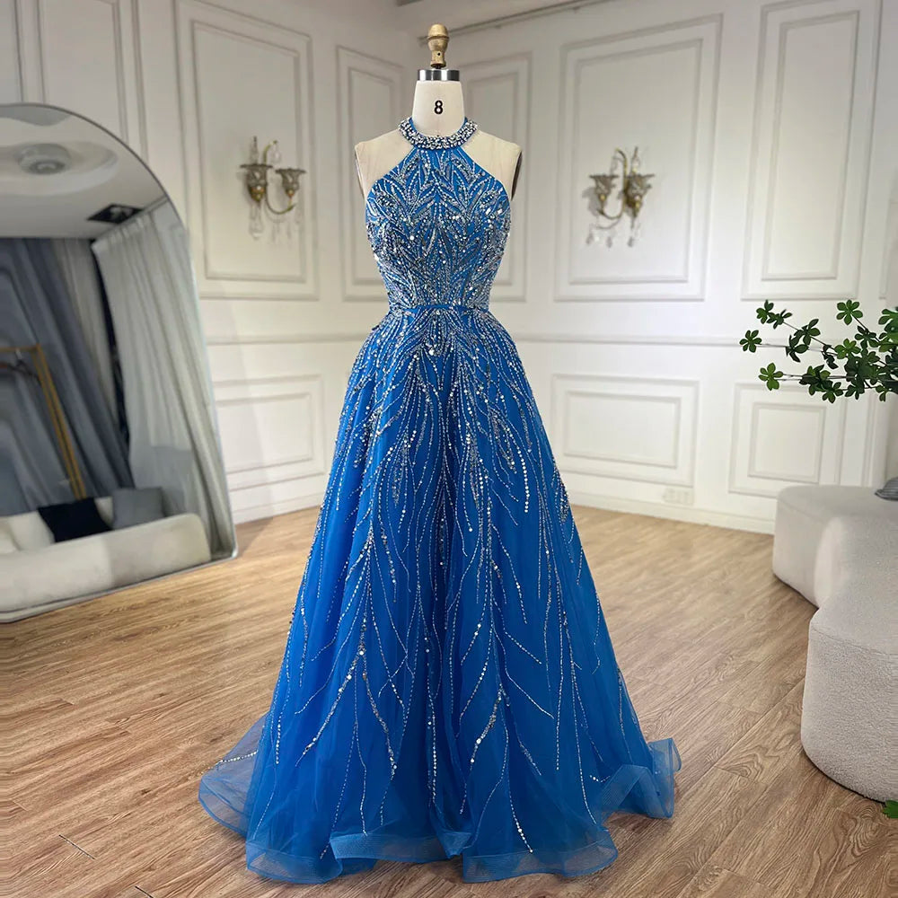 Serene Hill Elegant Blue Arabic A-line Halter Gown Luxury Dubai Evening Dress for Women Wedding Party 2024 LA72302