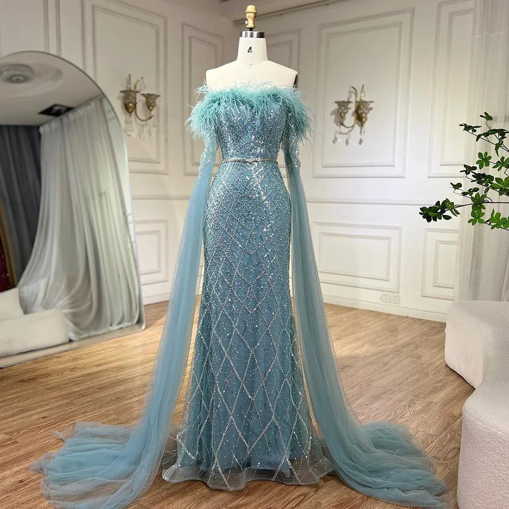 Serene Hill  Elegant Cape Sleeves Mermaid Evening Dresses Gowns Luxury Feathers Beaded 2024 For Women Wedding Party LA72169B