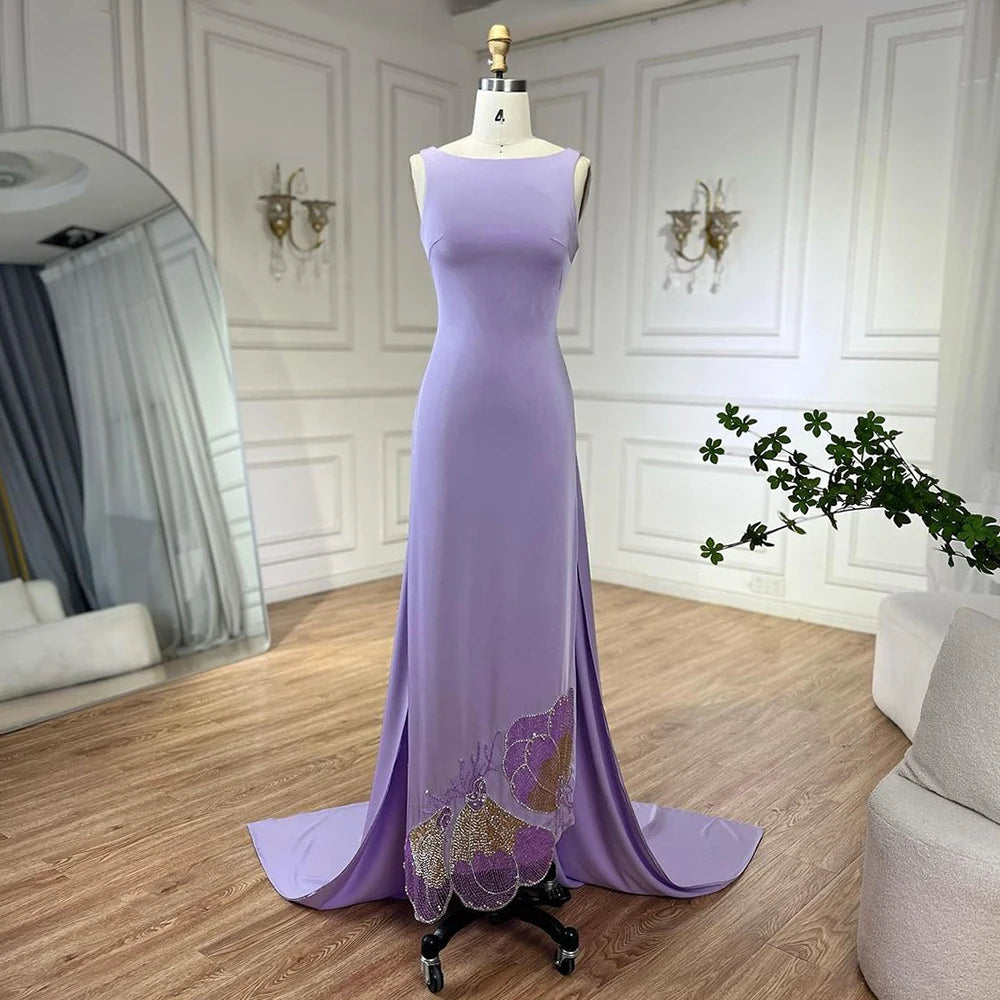 Serene Hill Elegant  lilac Scalloped Arabic Evening Dress Lilac Luxury Dubai Butterfly Beaded Women Wedding Party Gown LA72497