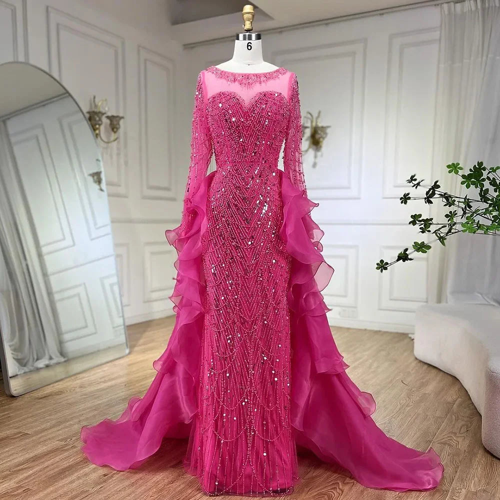 Serene Hill fuchsia Mermaid Over Skirt Beaded Luxury Dubai Long Evening Dresses Gowns For Women Wedding Party 2024 LA72379