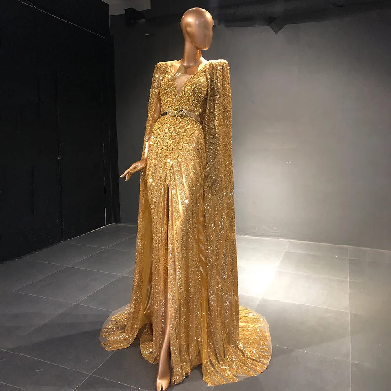 Serene Hill Gold  A-Line Cape Sleeve Evening Dresses Gowns 2024 Beaded Elegant Luxury For Women Party LA71670