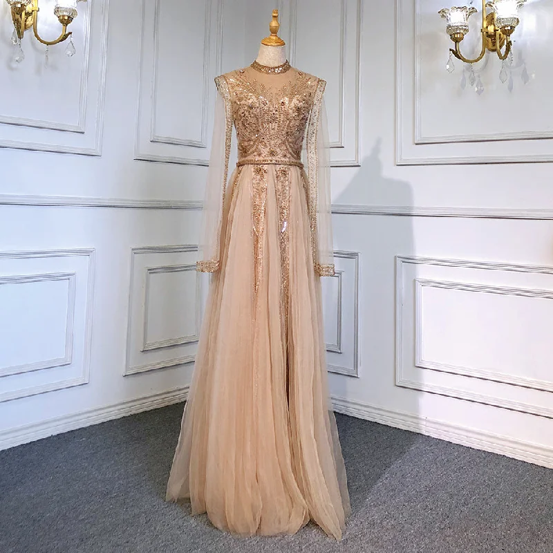 Serene Hill Gold Luxury Cape Sleeves Evening Dresses Gowns 2024 Beaded Mermaid Elegant For Woman Party  LA71604