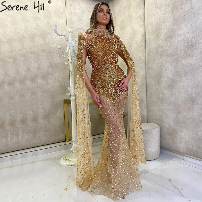 Sale Serene Hill Gold Luxury Elegant Mermaid Evening Dresses Gowns 2024 Cape Sleeves Beading Sexy For Women Party LA70833