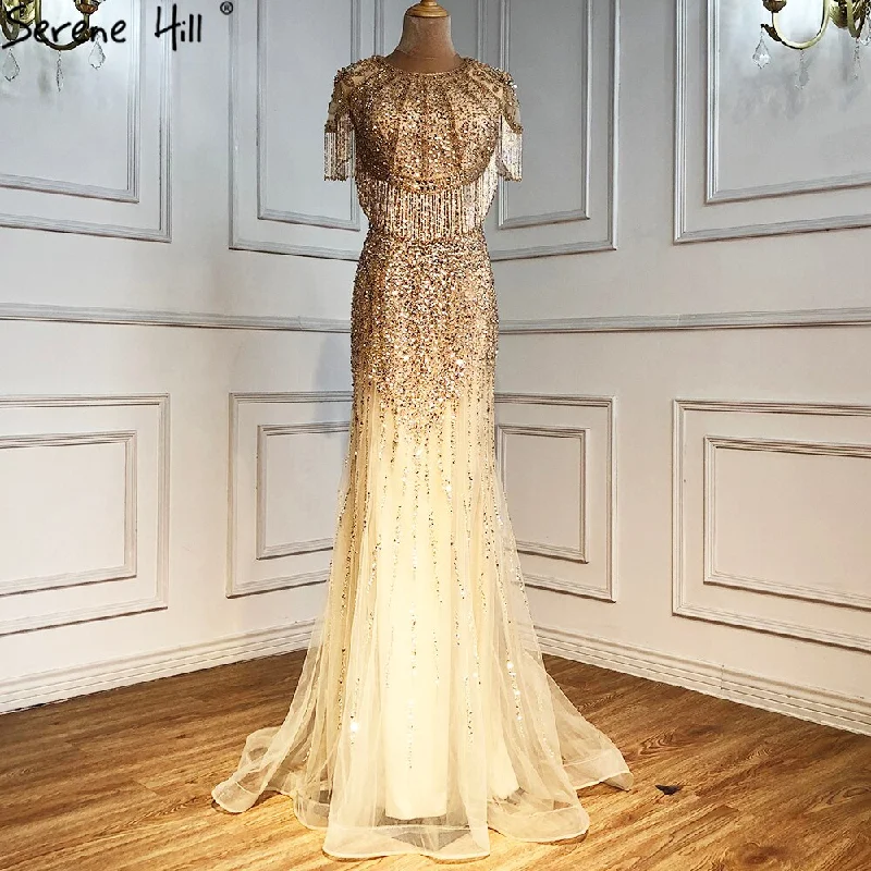 Serene Hill  Gold Mermaid Luxury Evening Dresses Gowns 2024 Beading Tassel Elegant For Women Wedding Party LA70051