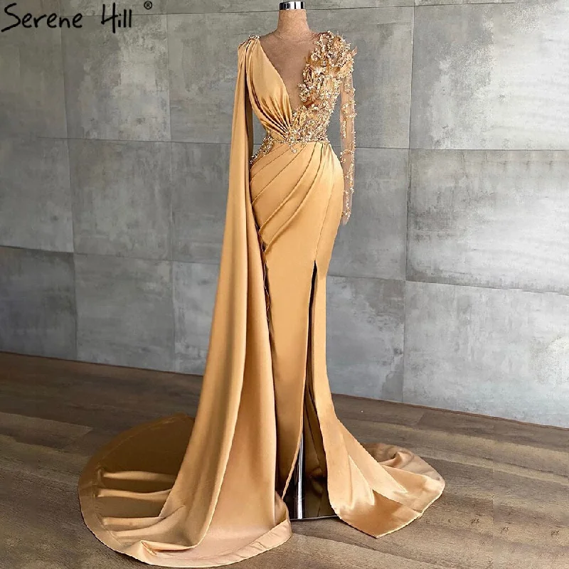 Serene Hill Gold Satin Cape Sleeves Split Evening Dresses Gowns 2024 Elegant Beaded Mermaid Gowns For Women Party LA71183