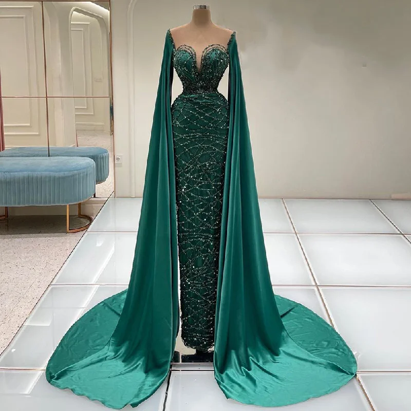 Serene Hill Green Cape Sleeves Luxury Evening Dresses Gowns 2023 Mermaid Beaded Elegant For Women Party LA71668