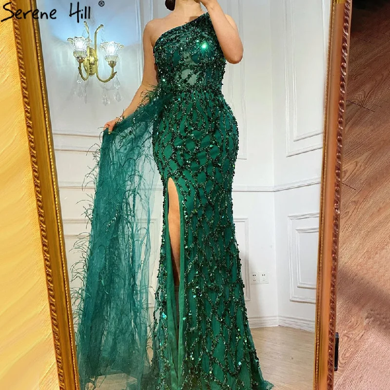 Serene Hill Green Elegant Mermaid Sexy One Shouder Split Evening Dresse Gowns Luxury Beaded Feathers 2024 Women Party LA70829