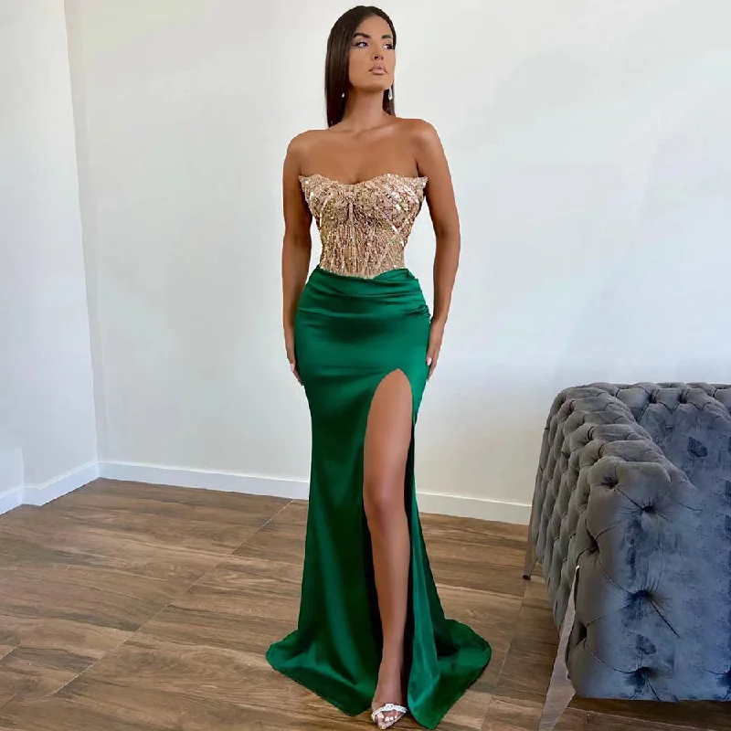 Serene Hill Green Mermaid Elegant Sexy High Split Satin Strapless Evening Dresses Gowns Beaded 2024 For Women Party LA71731