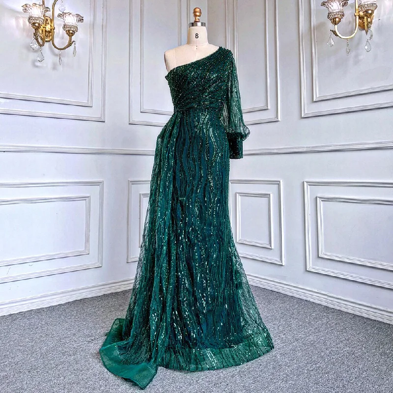 Serene Hill Green Mermaid Elegant Sexy One Shoulder Puff Sleeves Luxury Beaded Evening Dresses Gowns For Women Party LA71772