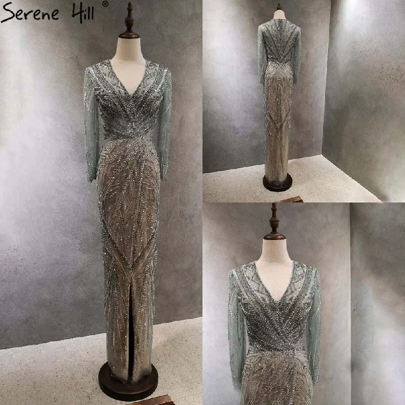 Serene Hill Green Mermaid High Split Evening Dresses Gowns 2024 Beaded Elegant Luxury For Women Party LA71385