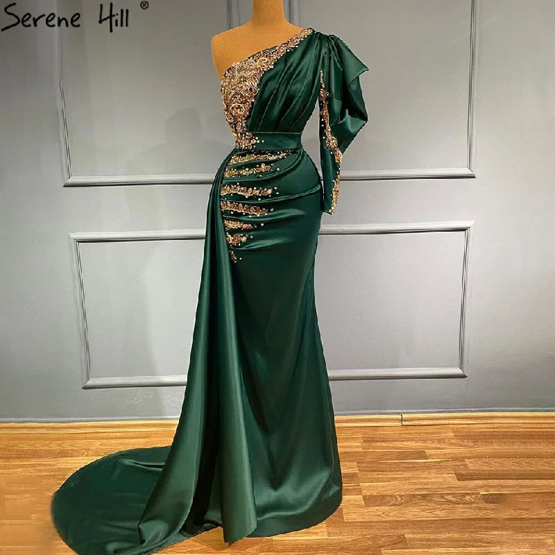 Serene Hill Green Mermaid Satin Evening Dresses Gowns 2024 Beaded One Shoulder Elegant For Women Party LA71341