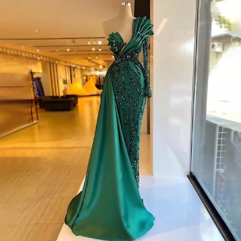 Serene Hill Green Satin One Shoulder Evening Dresses Gowns 2024 Mermaid Beaded Elegant Overskirt For Women Party LA71624