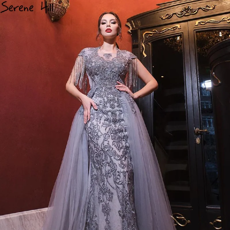 Serene Hill Grey Luxury With Train Evening Dresses Gowns 2024 Cap Sleeves Beading Mermaid For Women Party LA60845