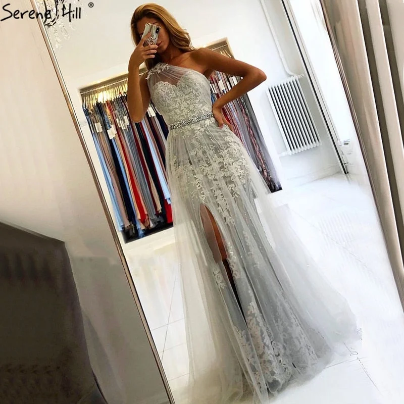 Sale Serene Hill Grey Mermaid Elegant Evening Dresses Gowns 2024 One Shoulder Lace Sexy Pearls For Women Party LA70635