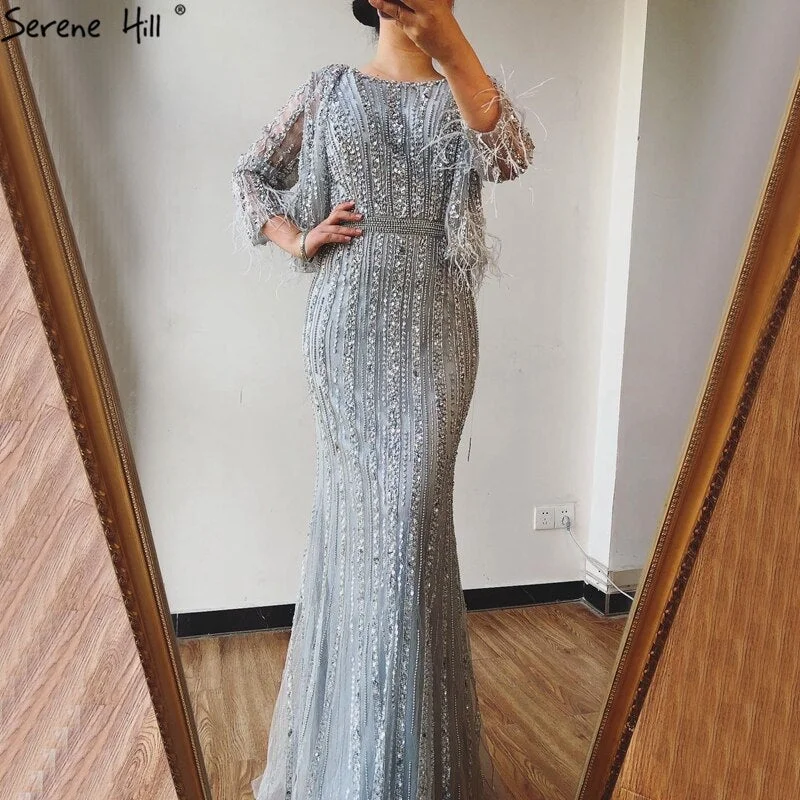 Sale Serene Hill Grey Mermaid Long Sleeves Diamond Beaded Luxury Dubai Evening Dresses Gowns  For Women Party 2024 LA70503