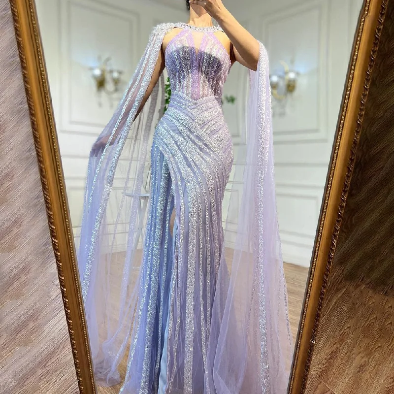 Serene Hill Lilac Cape Sleeves Mermaid Luxury Beaded Evening Dresses Open Split Wedding Party Gowns For Women 2024 LA72085