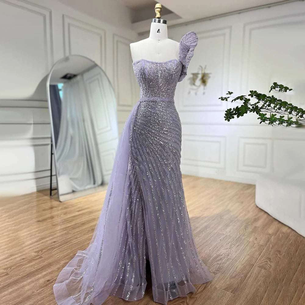 Serene Hill Lilac Elegant One Shoulder High Split Mermaid Beaded Evening Dresses Gowns For Women Wedding Party 2024 LA72277