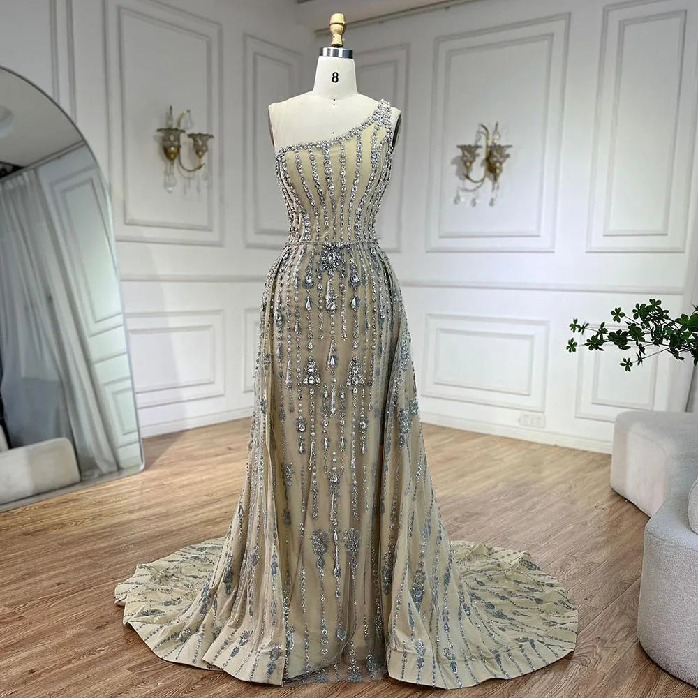 Serene Hill Luxury Dubai Arabia Nude Beaded One Shoulder Mermaid Elegant Evening Dresses Gowns For Woman Wedding Party LA71538