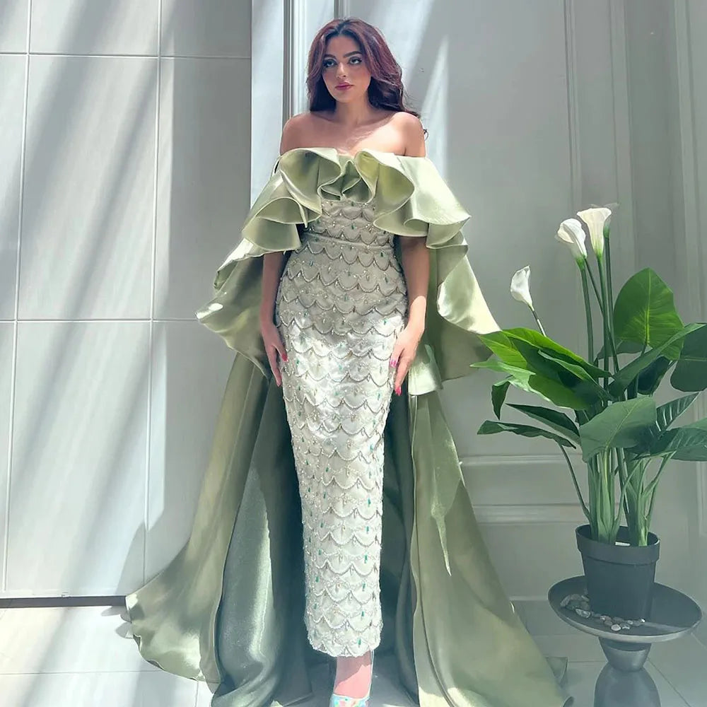 Serene Hill Luxury Dubai Arabia Sage Green Evening Dresses Gowns With Cape Beaded Women Wedding Party Dress 2024 LA72567