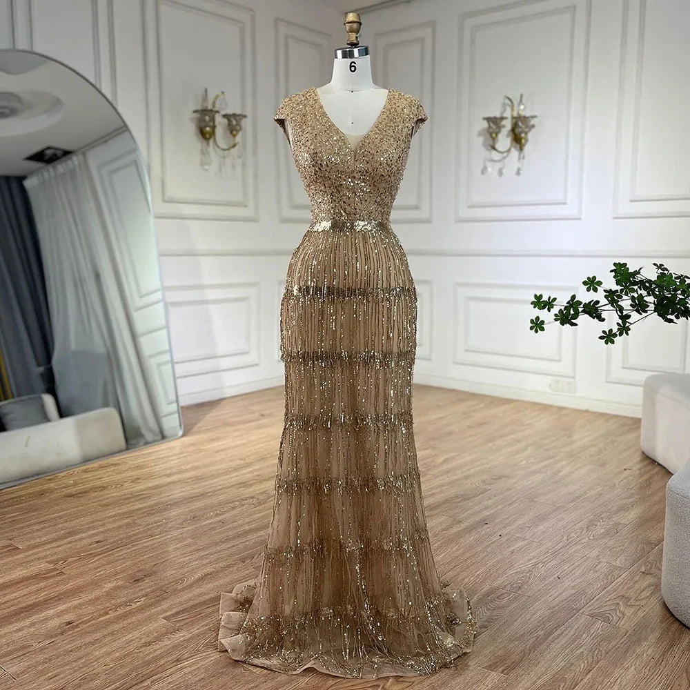 Serene Hill Luxury Dubai Arabic Mermaid Gold Elegant Tassel Beaded Evening Dresses Gowns for Women's Wedding Party 2024 LA72581