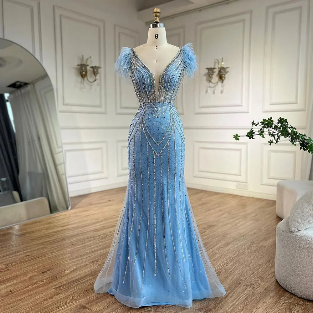 Serene Hill Luxury Dubai Blue Strapless Mermaid Evening Dresses Gowns Pearls Feathers Beaded for Women Wedding Party LA72578