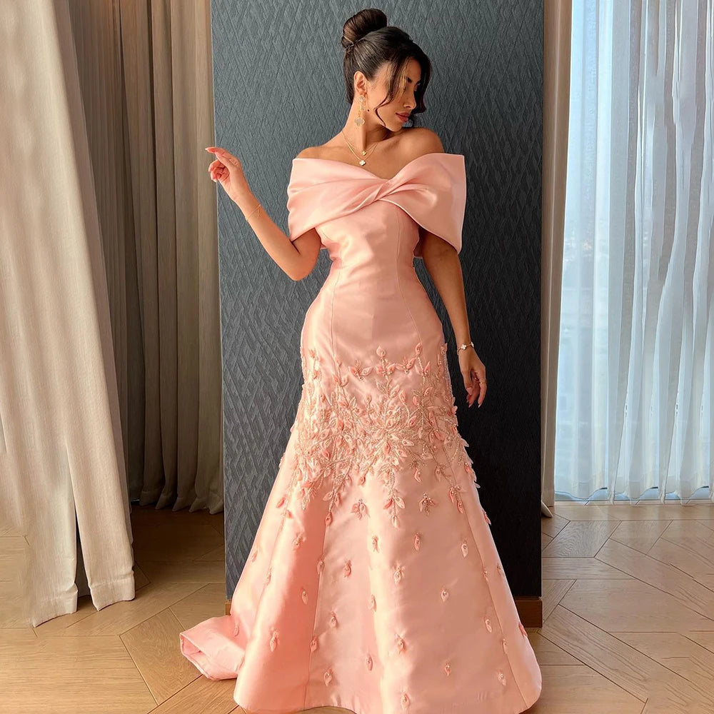 Serene Hill Luxury Dubai Elegant Appliques Mermaid Peach Satin Long Evening Dresses Gowns for Women Wedding Party 2024 LA72483