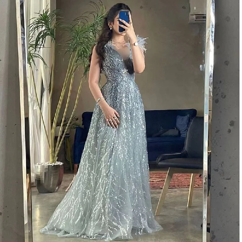 Serene Hill Luxury Dubai Feathers Evening Dresses 2024 Sexy V-Neck Beaded Blue Long Formal Party Gowns For Women Wedding LA71805