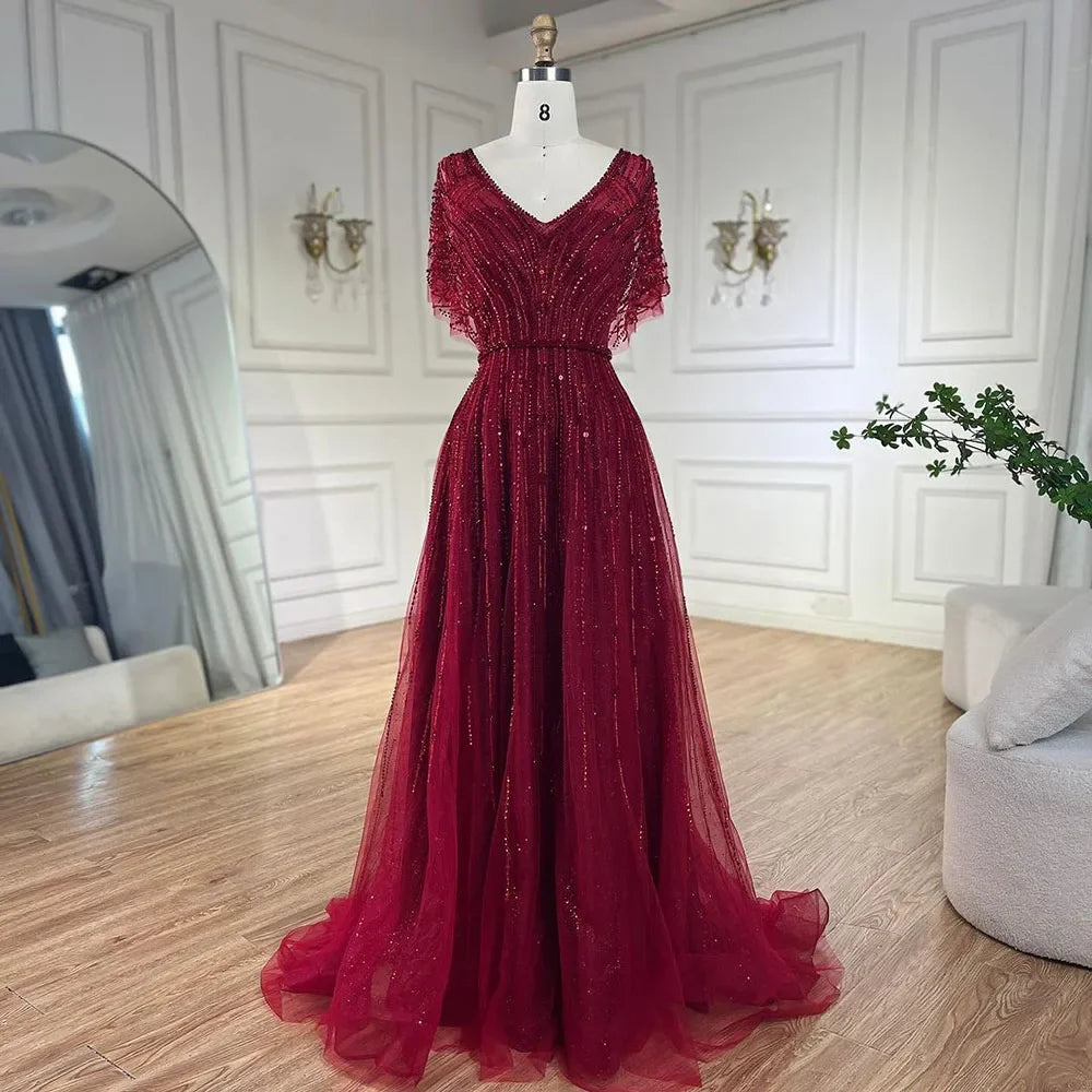 Serene Hill Luxury Dubai Red A-Line Elegant Evening Dresses Half Sleeves BeadedFor Woman Wedding Party 2024 LA70458