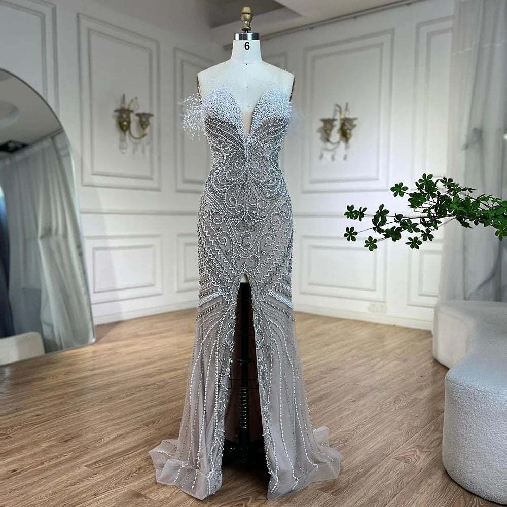 Serene Hill Luxury Dubai White Nude Strapless Split Mermaid Pearls Beaded Evening Dresses Gowns for Women Wedding Party LA72522