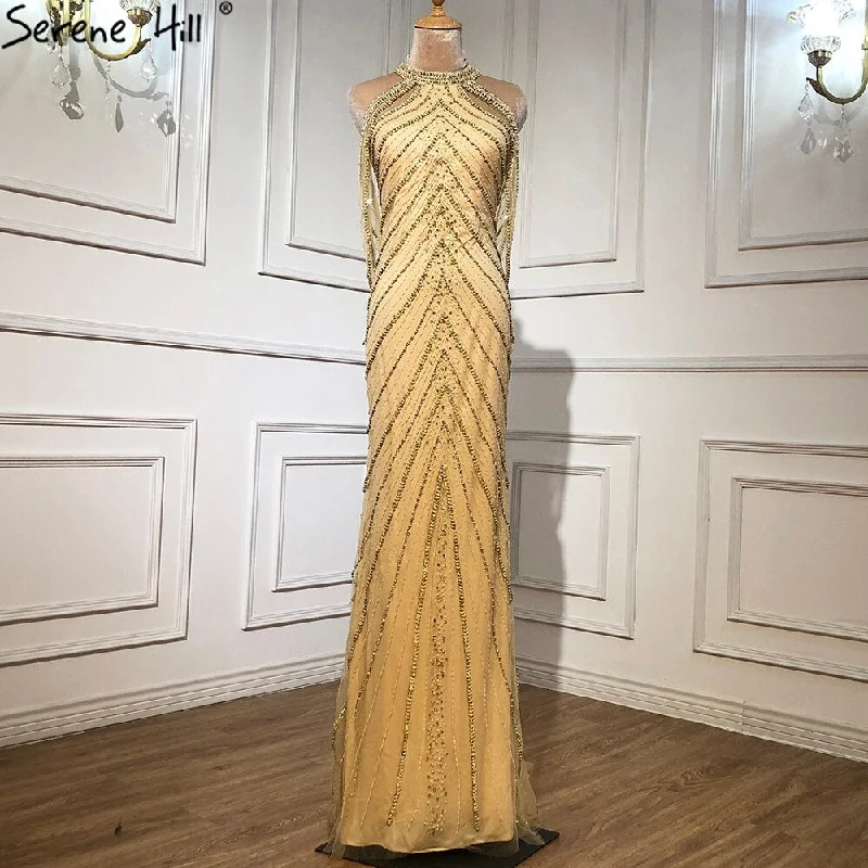 Sale Serene Hill Luxury Gold Mermaid Evening Dresses Gowns 2024 Beading Elegant Sexy For Women Party LA70998