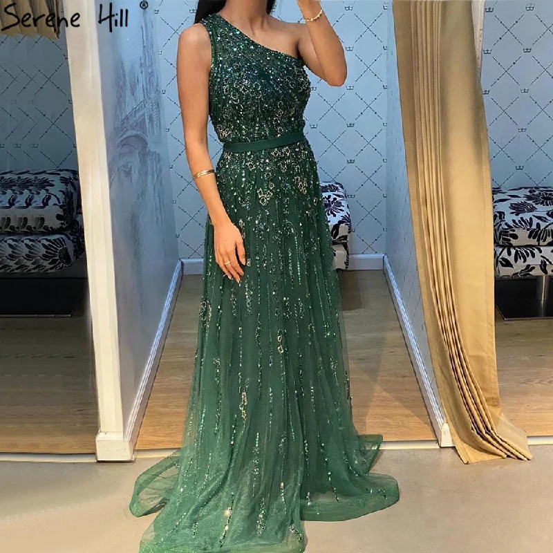 Serene Hill  Luxury Green A-Line Evening Dresses Gowns 2024 Sexy One-Shoulder Beading For Women Party LA70921