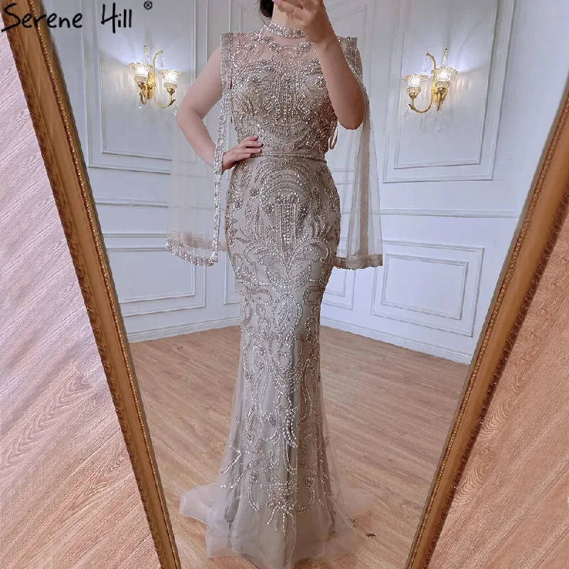 Serene Hill Luxury Grey  Nude With Cape  Mermaid Luxury Evening Dresses Gowns 2024 Beaded Elegant Sexy For Woman Party  LA71027