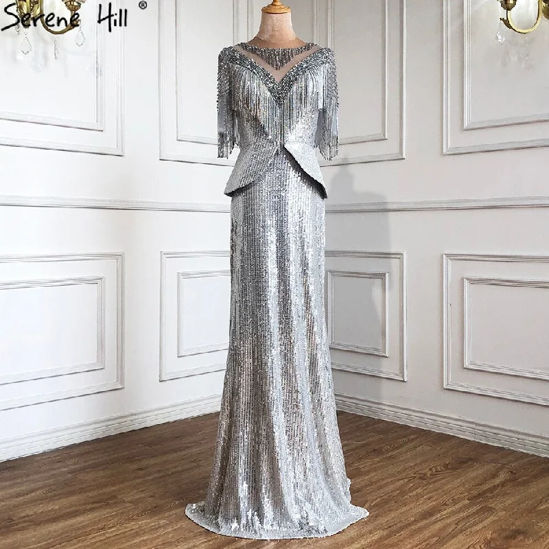 Sale Serene Hill Luxury Silver Mermaid Evening Dresses Gowns 2024 Elegant Half Sleeves Beading Tassel For Women Party LA71017