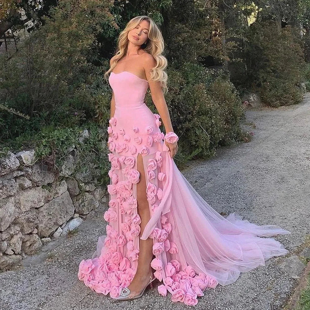 Serene Hill Mermaid Evening Dress for Girls Arabic Pink 3D Flowers Elegant Srapless Dress Side Split Prom Party Gowns LA72568