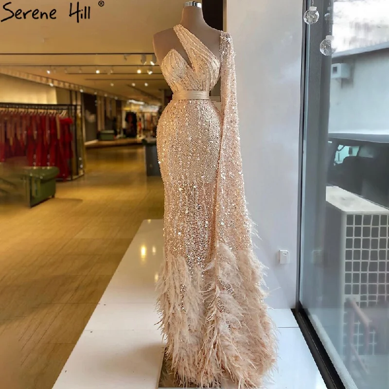 Serene Hill Mermaid Gold One Shoulder Evening Dresses Gowns 2024 Luxury Feather Beaded Elegant Sexy For Women Party LA71096