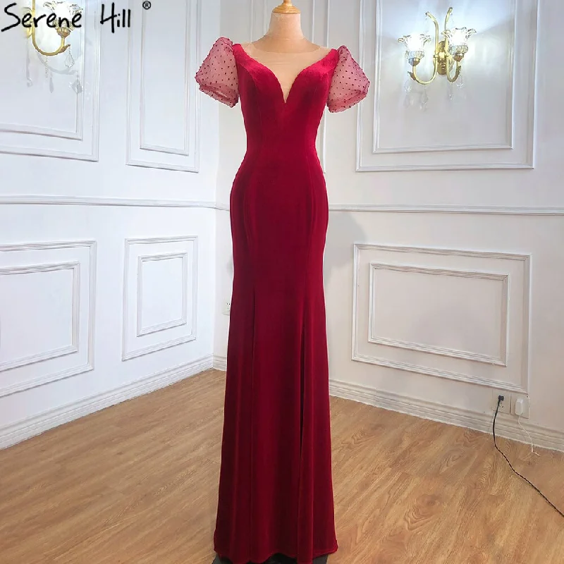 Sale Serene Hill Mermaid Wine Red Elegant Evening Dresses Gowns 2024 Puff Sleeves Beading For Women Party LA70841