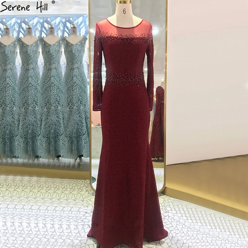 Serene Hill Mermaid Wine Red O-Neck Evening Gowns 2024 Lone Sleeves Beading Luxury Formal Dress Design LA70730