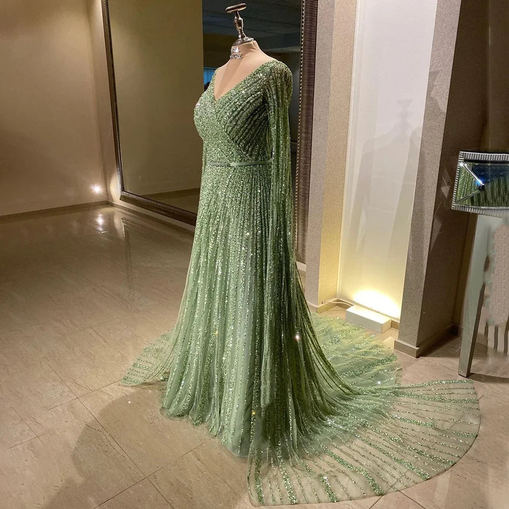 Serene Hill Mint Cape Sleeves A Line Beaded Luxury Dubai Evening Dresses Long 2024 Celebrity Gowns For Woman Party LA71865