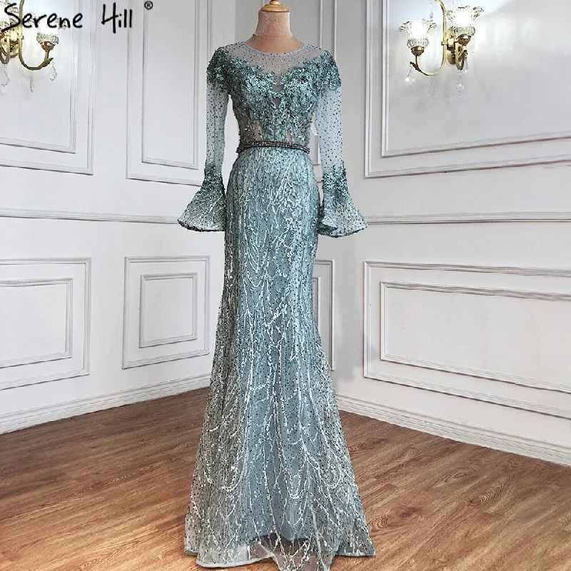 Sale Serene Hill Musliim Blue Mermaid Evening Dresses Gowns 2024 Elegant Beadrd Luxury For Women Party LA71128