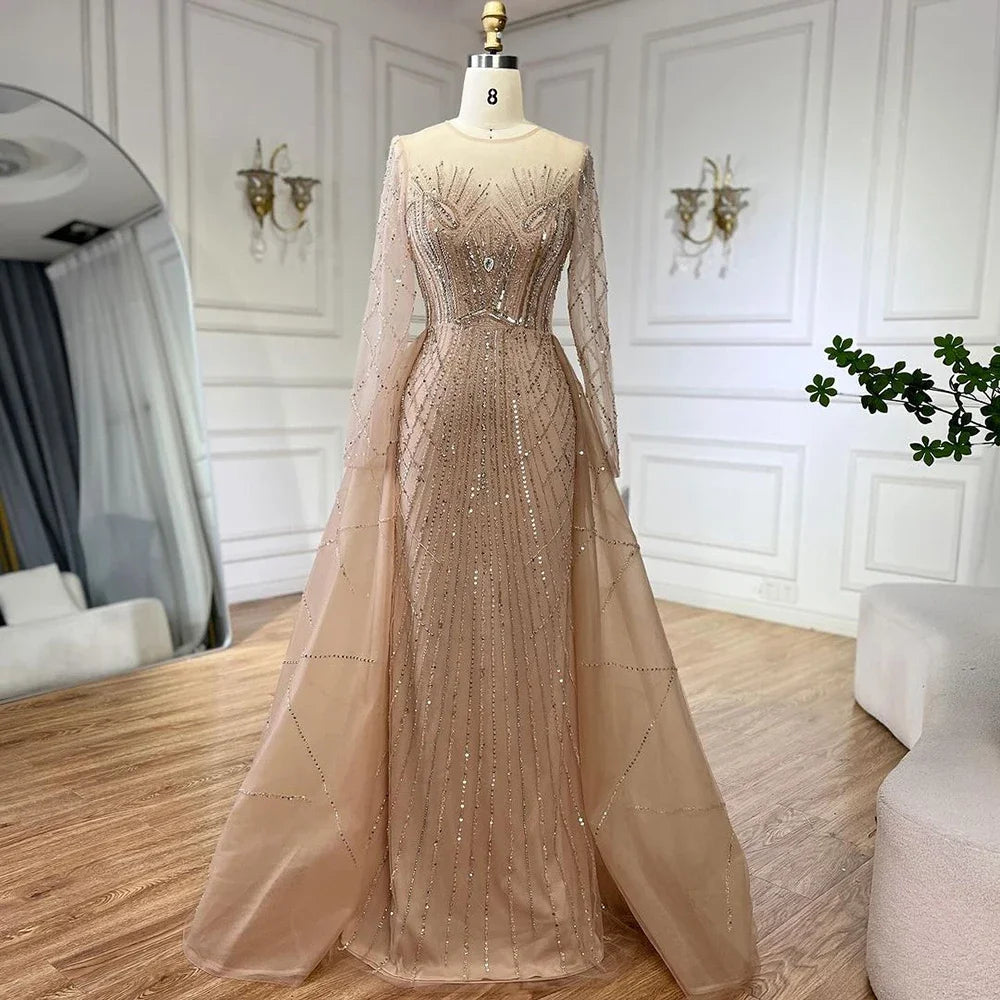 Serene Hill Muslim Beige Elegant Overskirt Mermaid Luxury Beaded Gold Evening Dresses Gowns 2024 For Woman Party LA72528