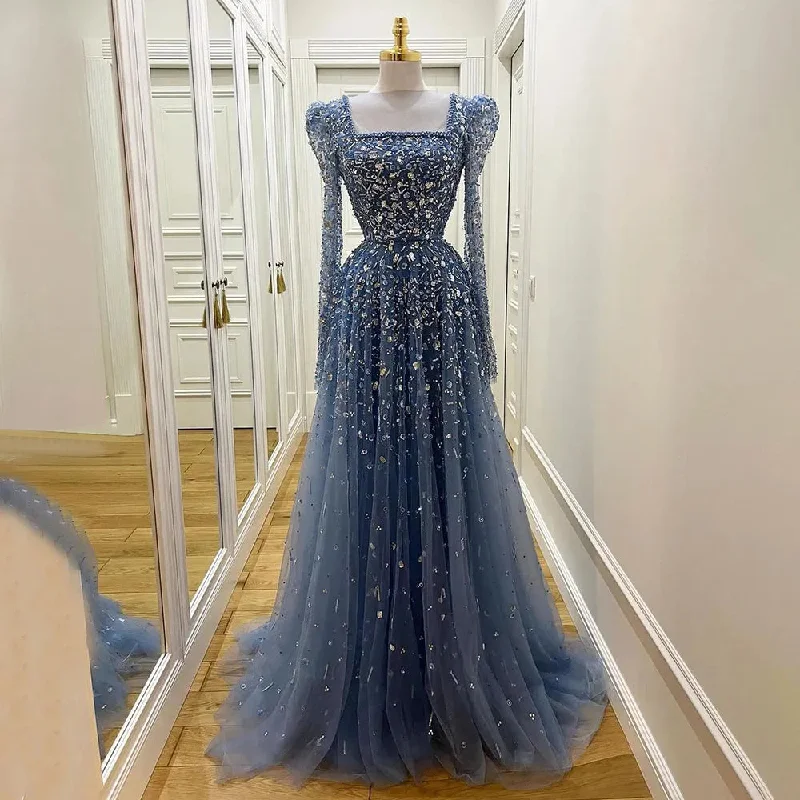 Serene Hill Muslim Blue A Line  Evening Dresses Luxury Beaded  Formal Gowns 2024 For Women Party LA71762A