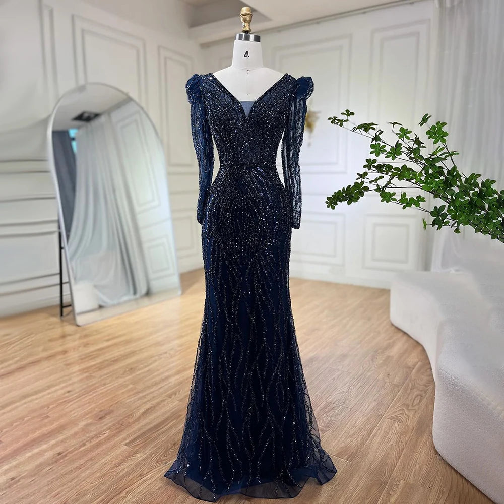 Serene Hill Muslim Blue Elegant Mermaid Beaded Arabic Luxury Evening Dresses Gowns for Women Wedding Party 2024 LA71931