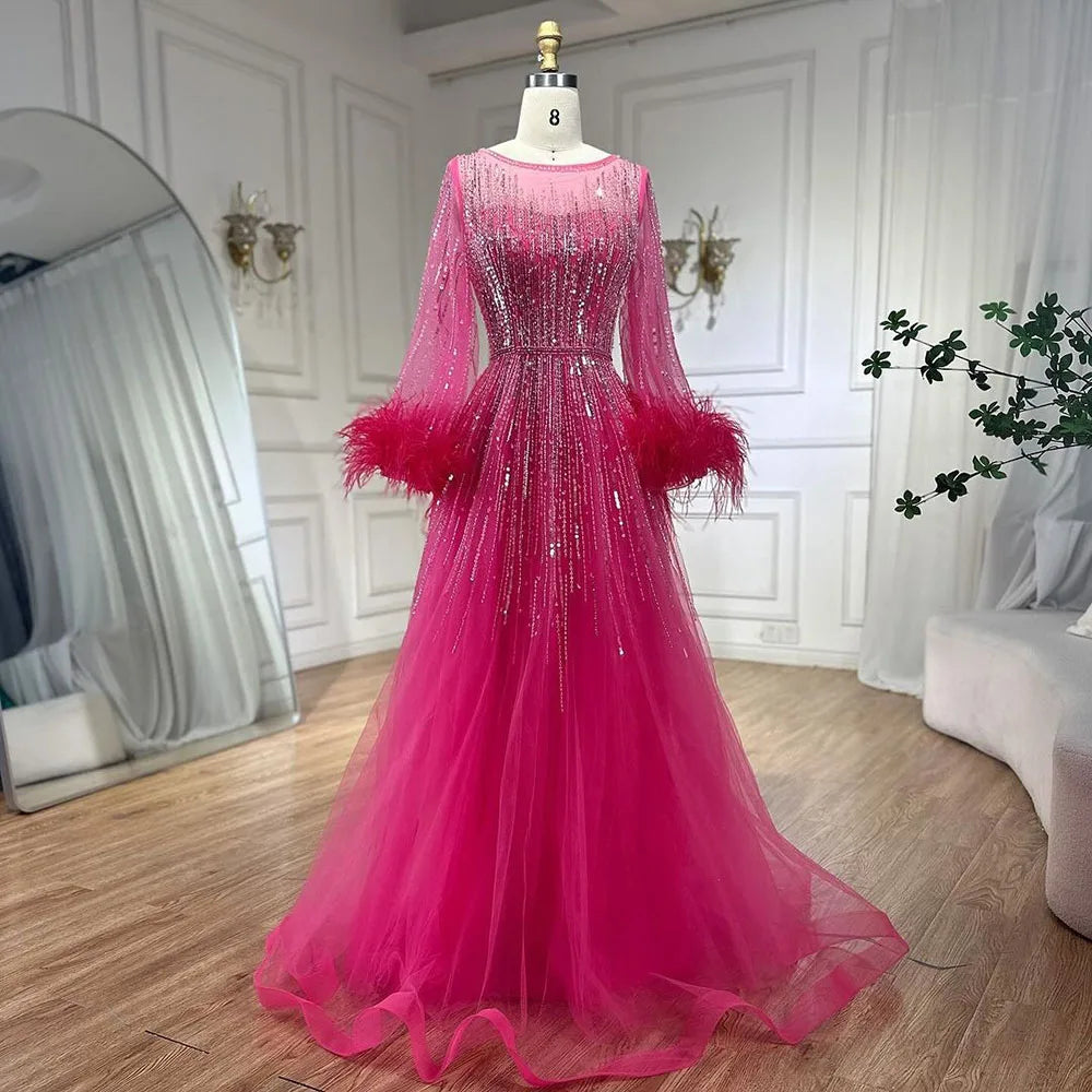 Serene Hill Muslim Fuchsia A Line Luxury Evening Dresses Gowns 2024 with Feather Beaded for Women Wedding Party LA72248