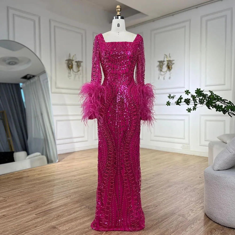 Serene Hill Muslim Fuchsia Luxury Beaded Feathers Mermaid Women Wedding Party Dubai Gowns Long Evening Dresses 2024 LA72565