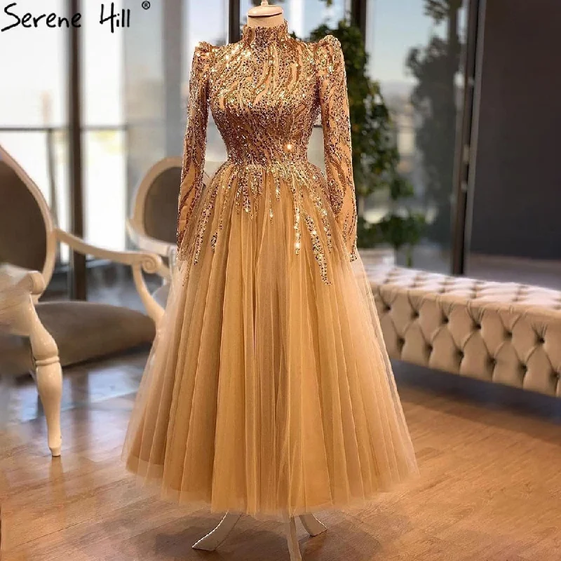 Serene Hill Muslim Gold Luxury Evening Dresses Gowns 2024 Ankle-Length A-Line Beading For Women Party LA70987