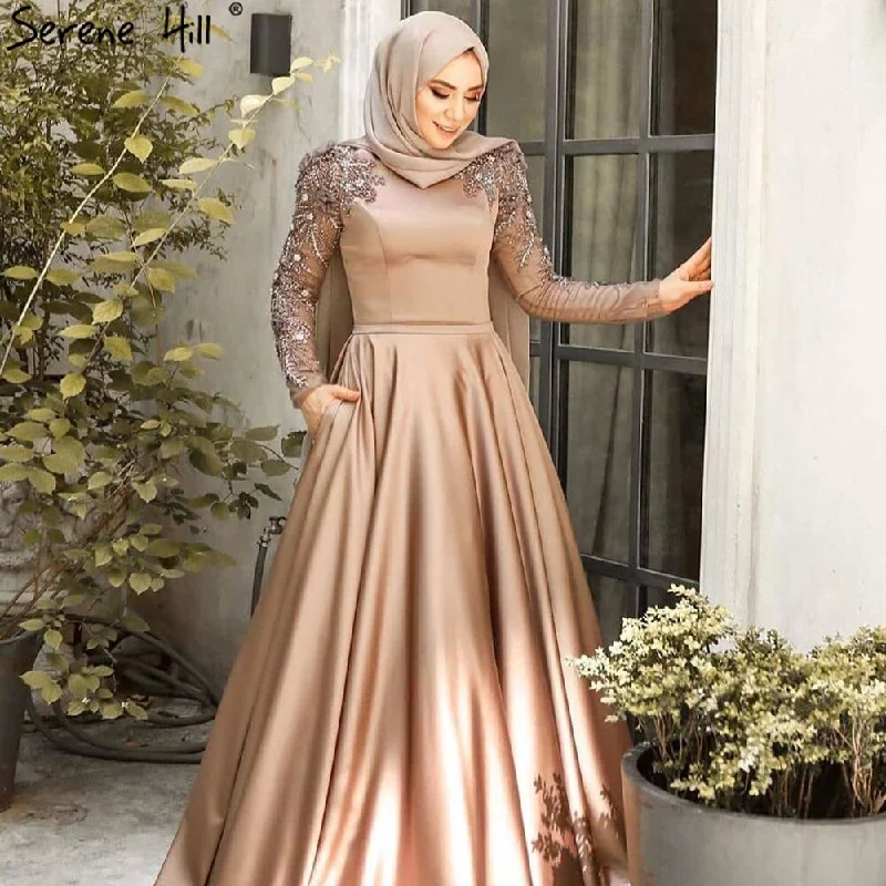 Serene Hill Muslim Gold Luxury Evening Dresses Gowns 2024 Beading Luxury For Women Wedding Party LA71069