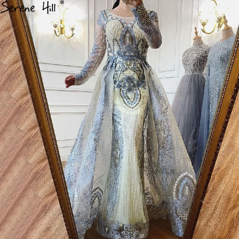 Serene Hill Muslim Gold With Overskirt Evening Dresses Gowns 2024 Luxury Lace Beaded Crystal For Woman Party LA71170