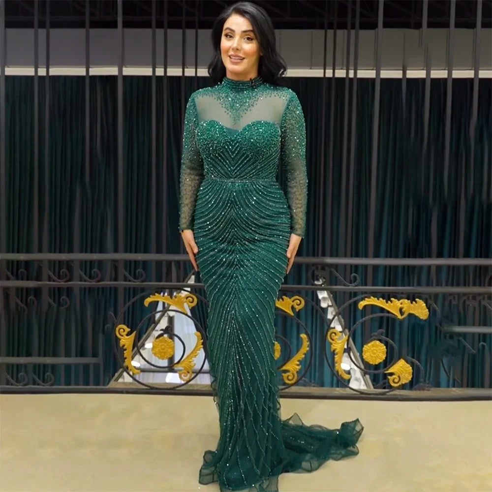 Serene Hill Muslim Green Elegant Mermaid Luxury Lace Beaded Arabic Evening Dresses Gowns For Women Wedding Party 2024 LA71913