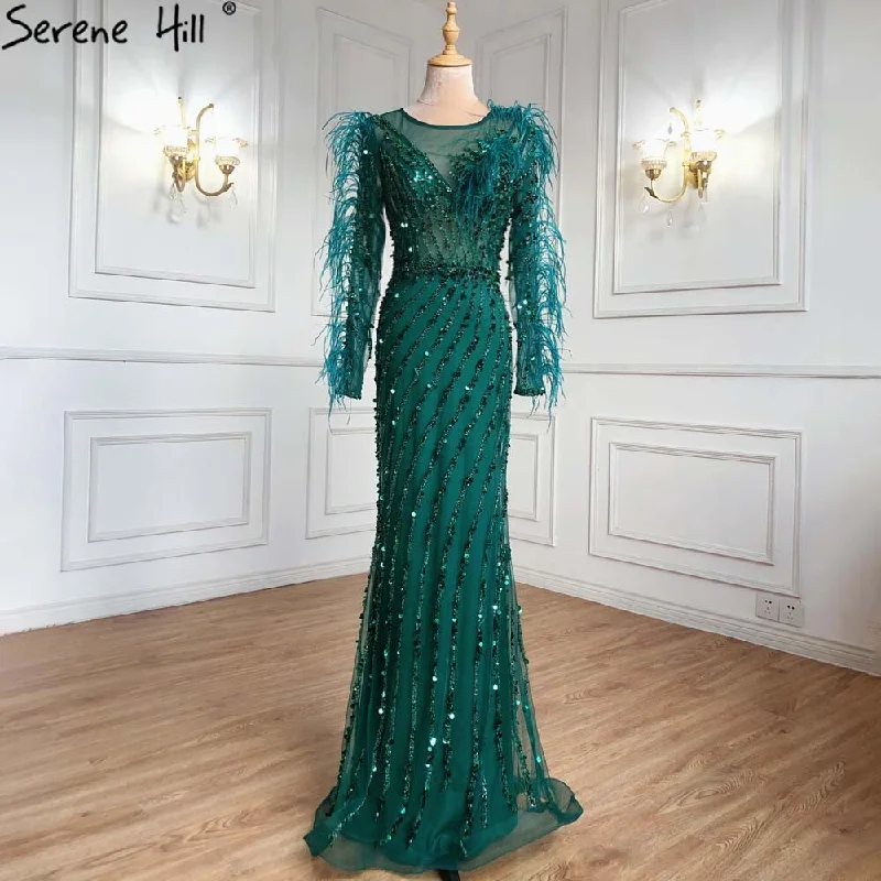 Serene Hill Muslim Green Feather Beaded Evening Dresses Gowns 2024 Mermaid Luxury Elegant For Women Party LA71406